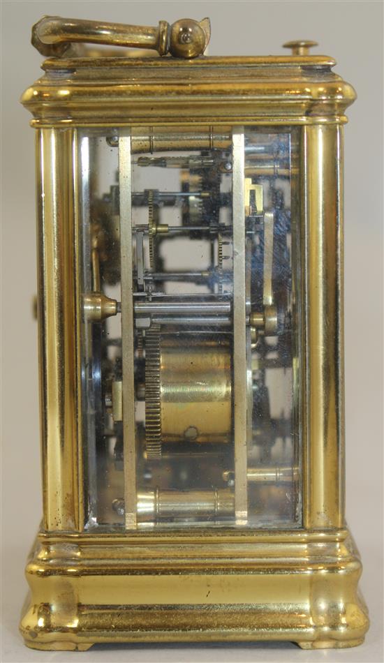 A late 19th century French Drocourt & Co brass hour repeating carriage clock, 4.25in.